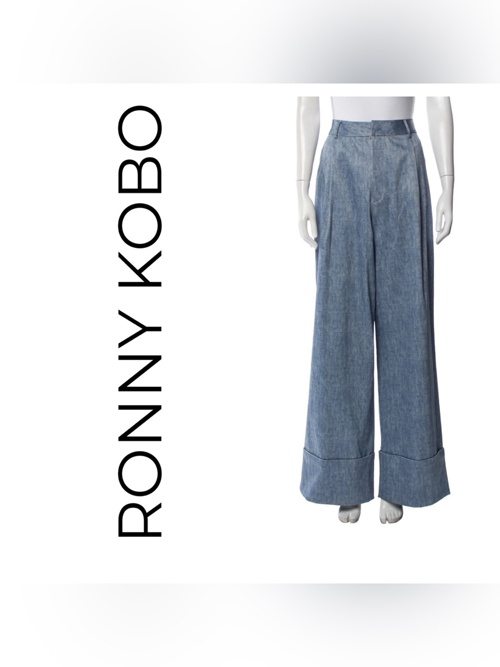 Ronny Kobo Collection Light Blue Wide-Leg Chambray Trousers